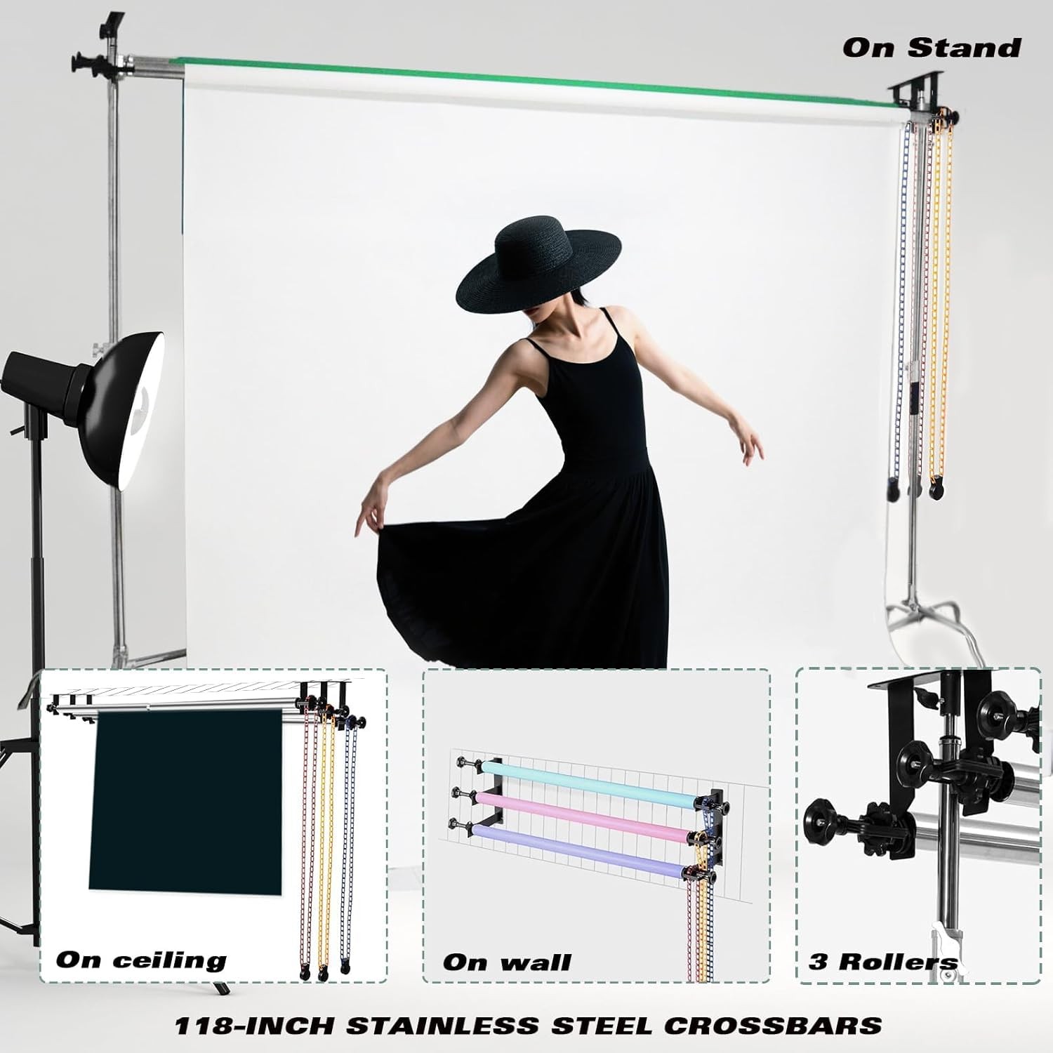 Photography Backdrop 3 Roller Support System, 118 inch Stainless Steel Crossb…