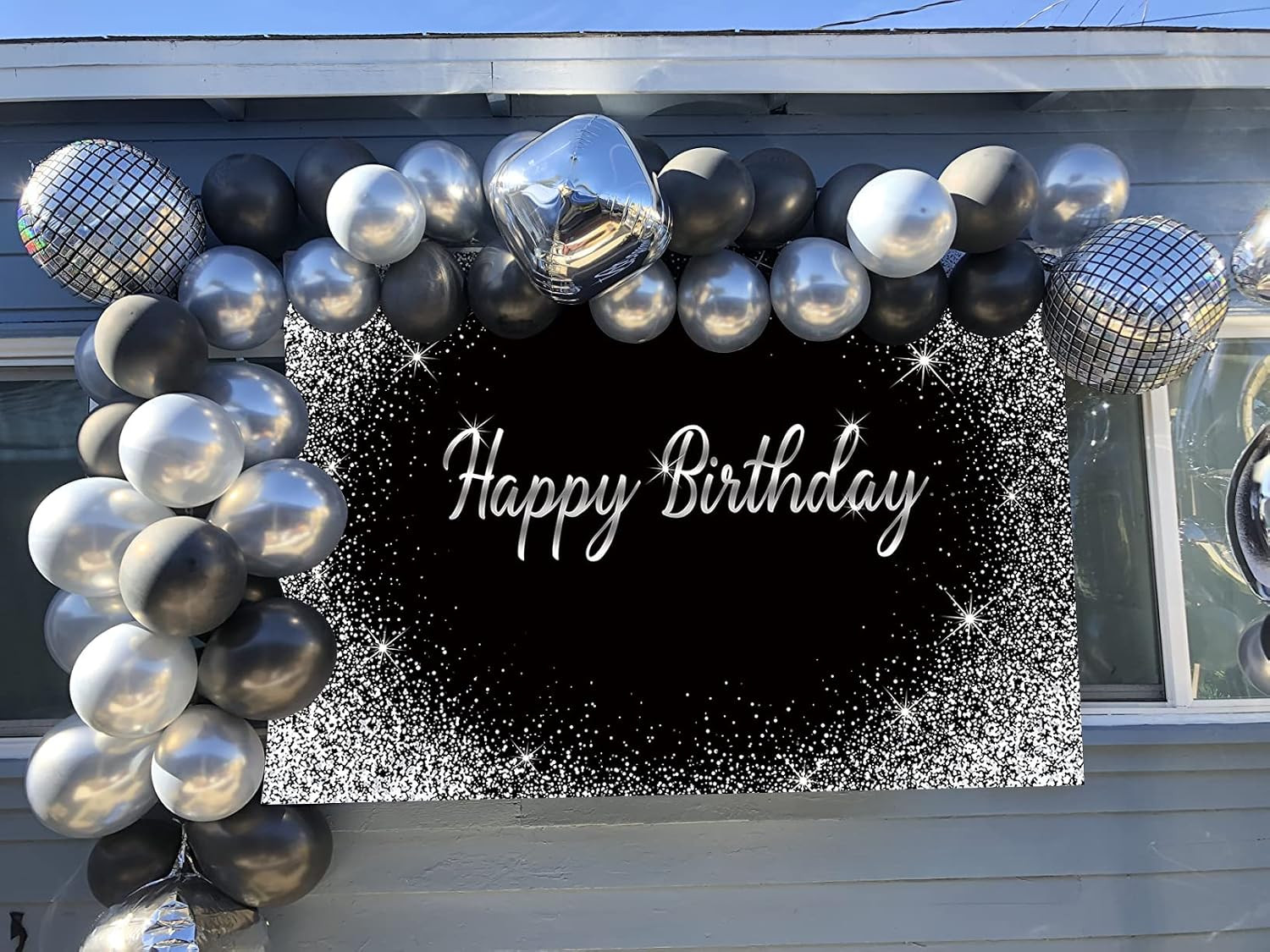 Black Happy Birthday Backdrop Glitter Silver Dot Photography Background