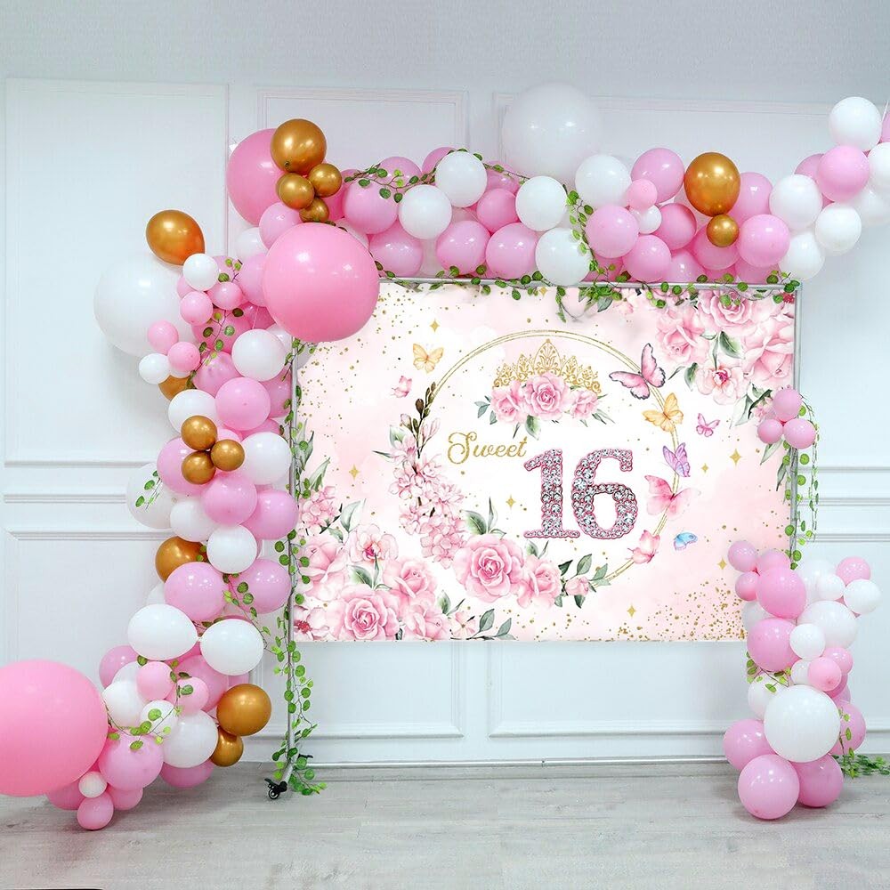 7x5ft Sweet 16 Backdrop Banner Decorations for Girls Birthday Party Pink Flor…