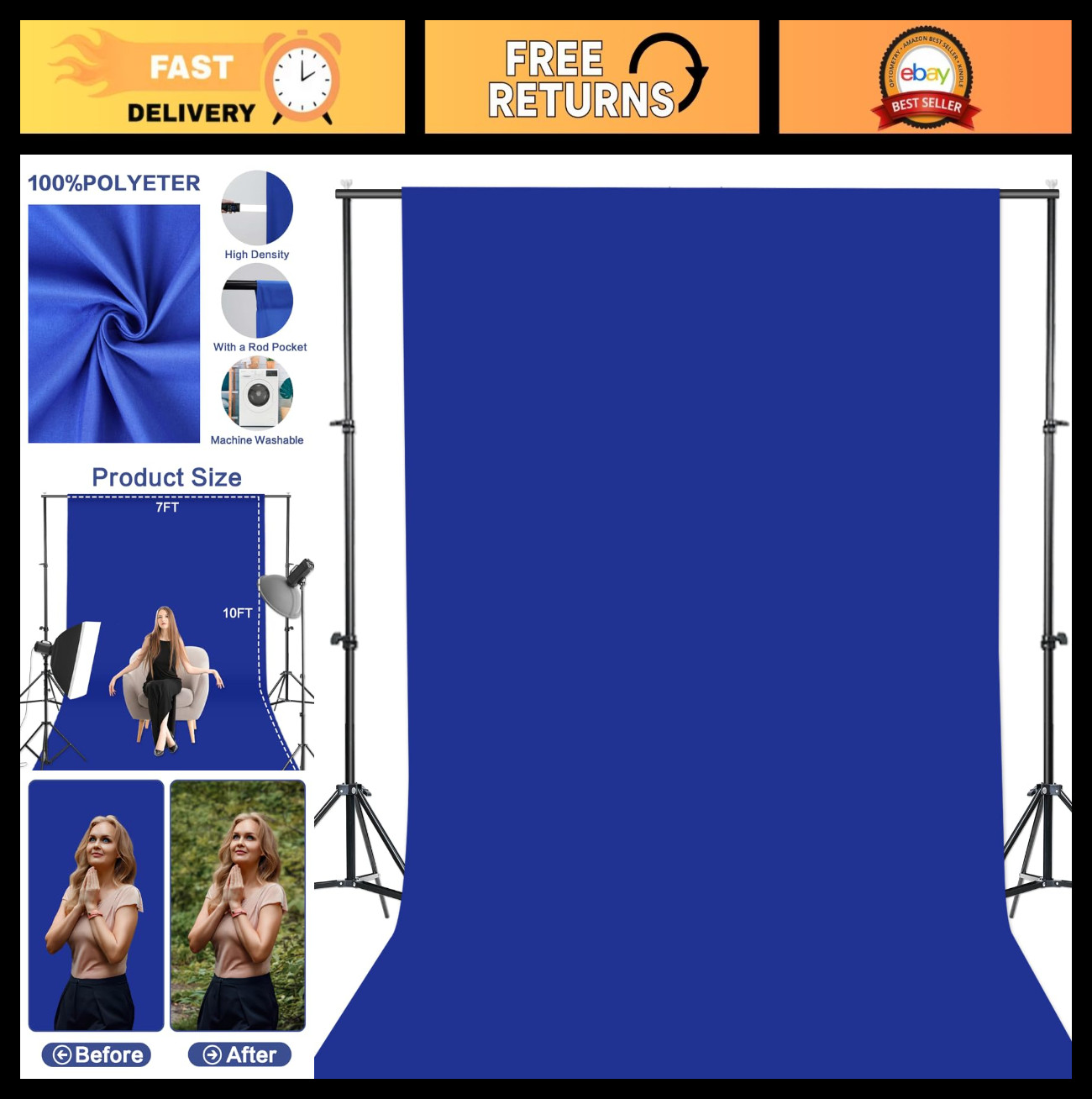 7x10FT Royal Blue Photography Backdrop – Ideal for Photoshoots & Video Recording
