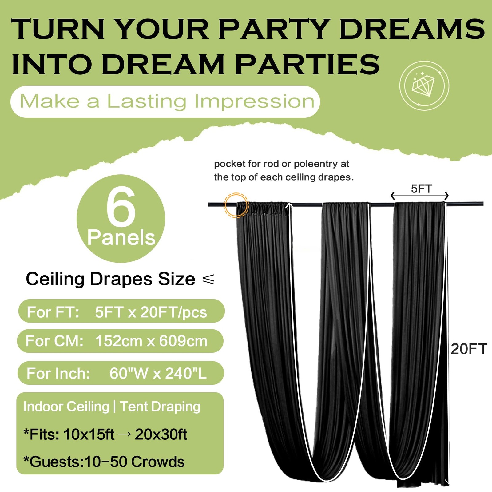 6 Panels 5ft(W) x 20ft(H) Black Ceiling 60″W x 240″L (Pack of 6),
