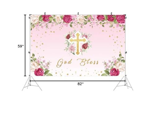 Pink Flower Girl God Bless Backdrop Baptism First Communion 7x5Ft Party Decor