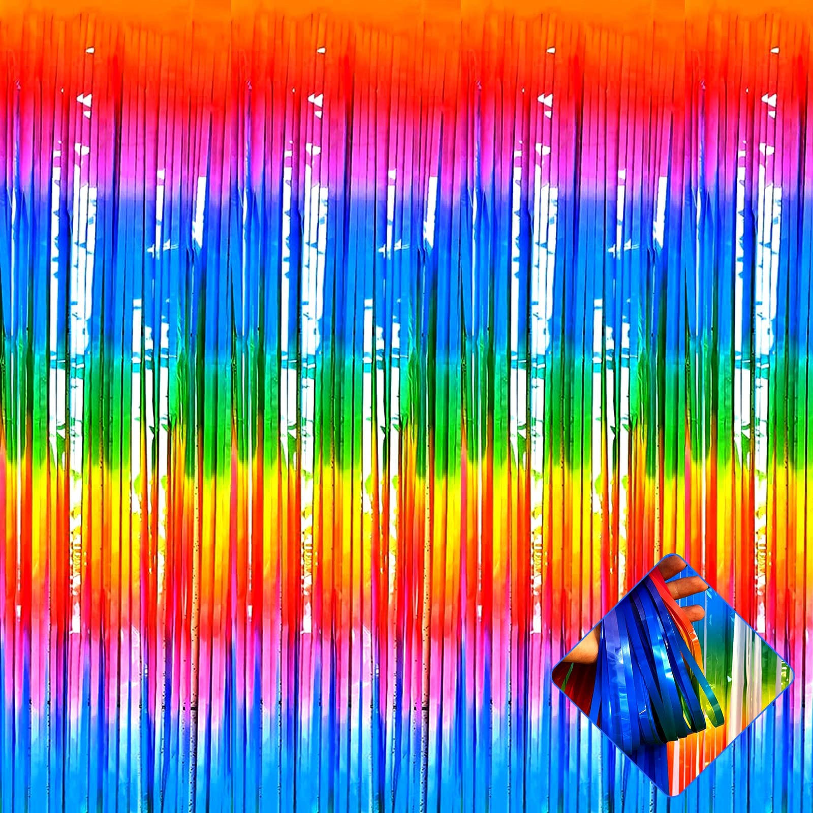 4 Pack 3.2Ft x 8.2Ft Rainbow Foil Fringe Curtain Backdrop Colorful Metallic T…