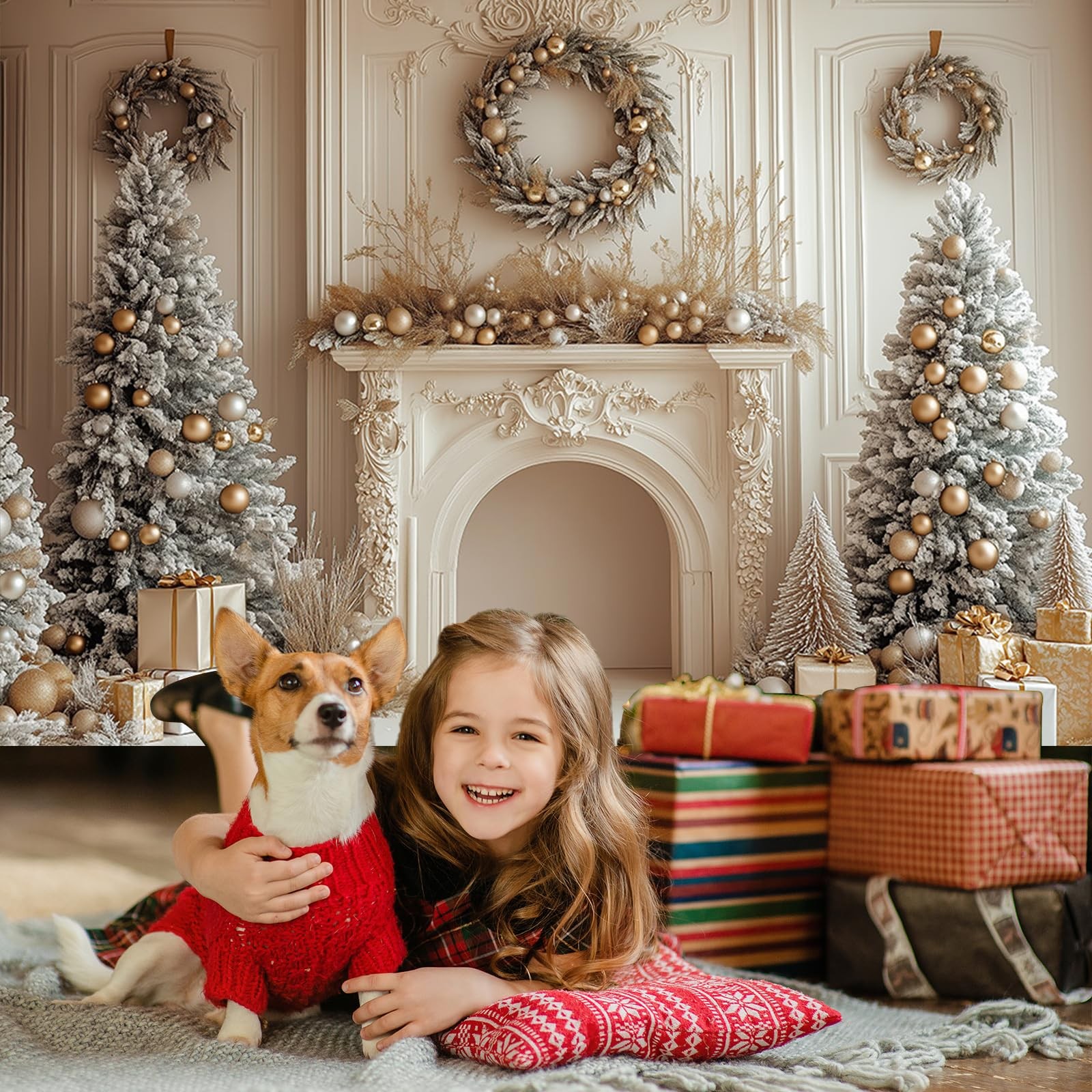 White Gold Christmas Tree Fireplace Holiday Photography Backdrop 7x5ft Mat