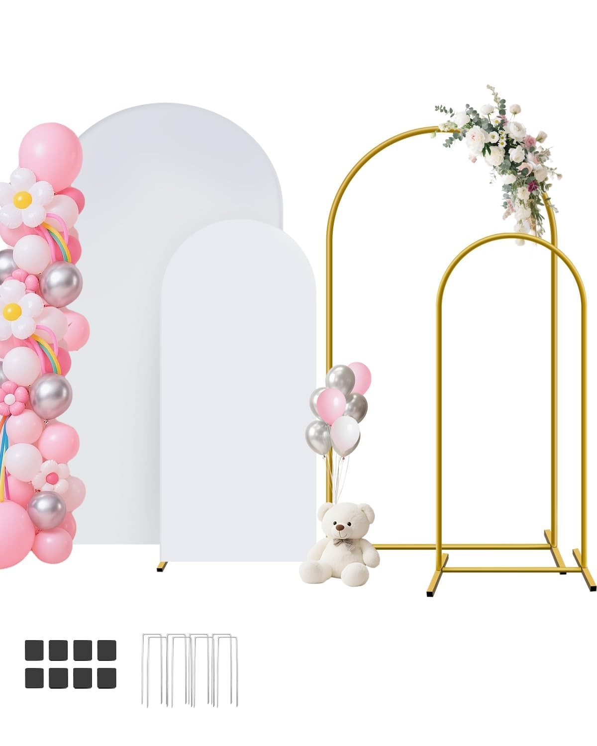 Metal Arch Backdrop Stand and Cover Set of 2 (7.2 ft/6 ft, White), Wedding Ar…