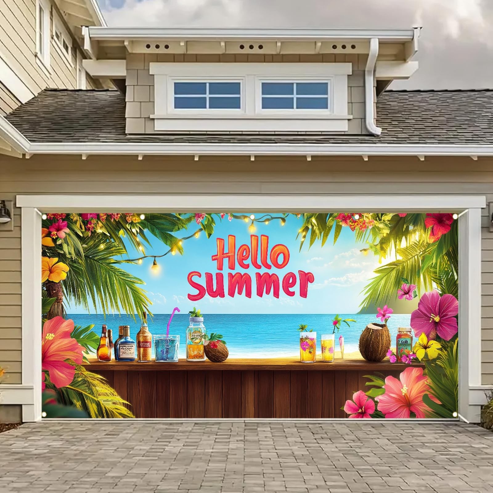 Hello Summer Hawaiian Garage Door Banner 13x6ft