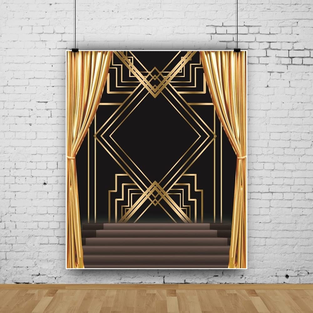 Black Golden Backdrop For Party 8×10 Ft Fabric Roaring 20s Decorations Prom