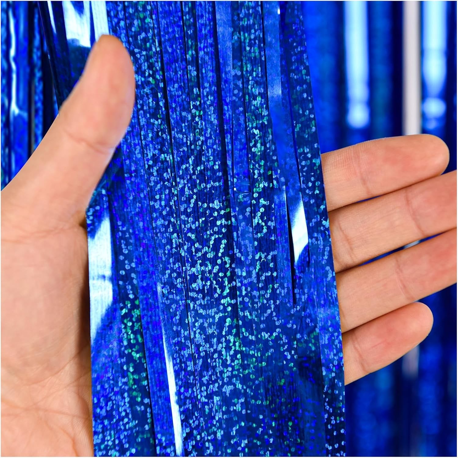 3 Pack Blue Foil Fringe Backdrop Curtains for Parties and Celebrations