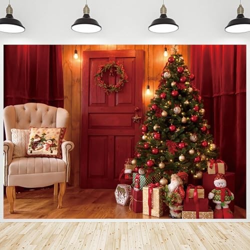 Red 10x8ft Christmas Backdrop—Indoor Xmas Trees—Gifts—Red