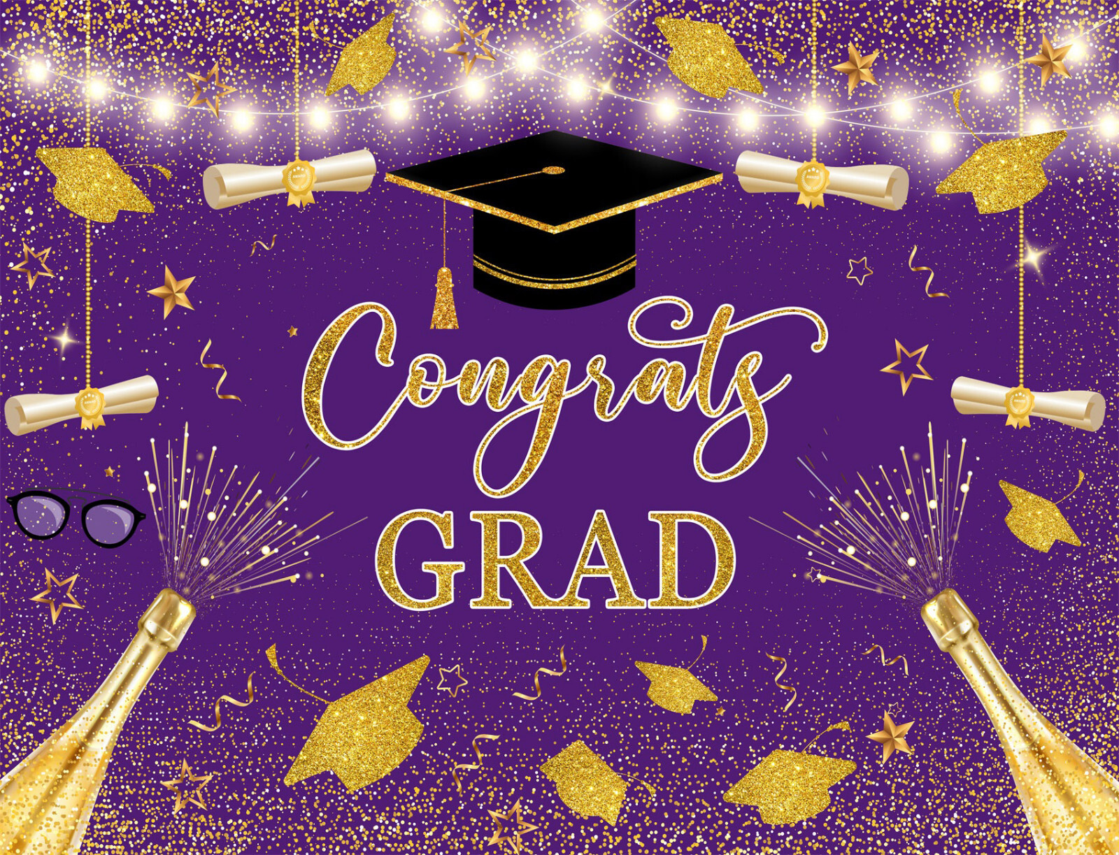 10x8ft Gold and Purple Bachelor’s Cap Graduation Vinyl Backdrop Photo Background