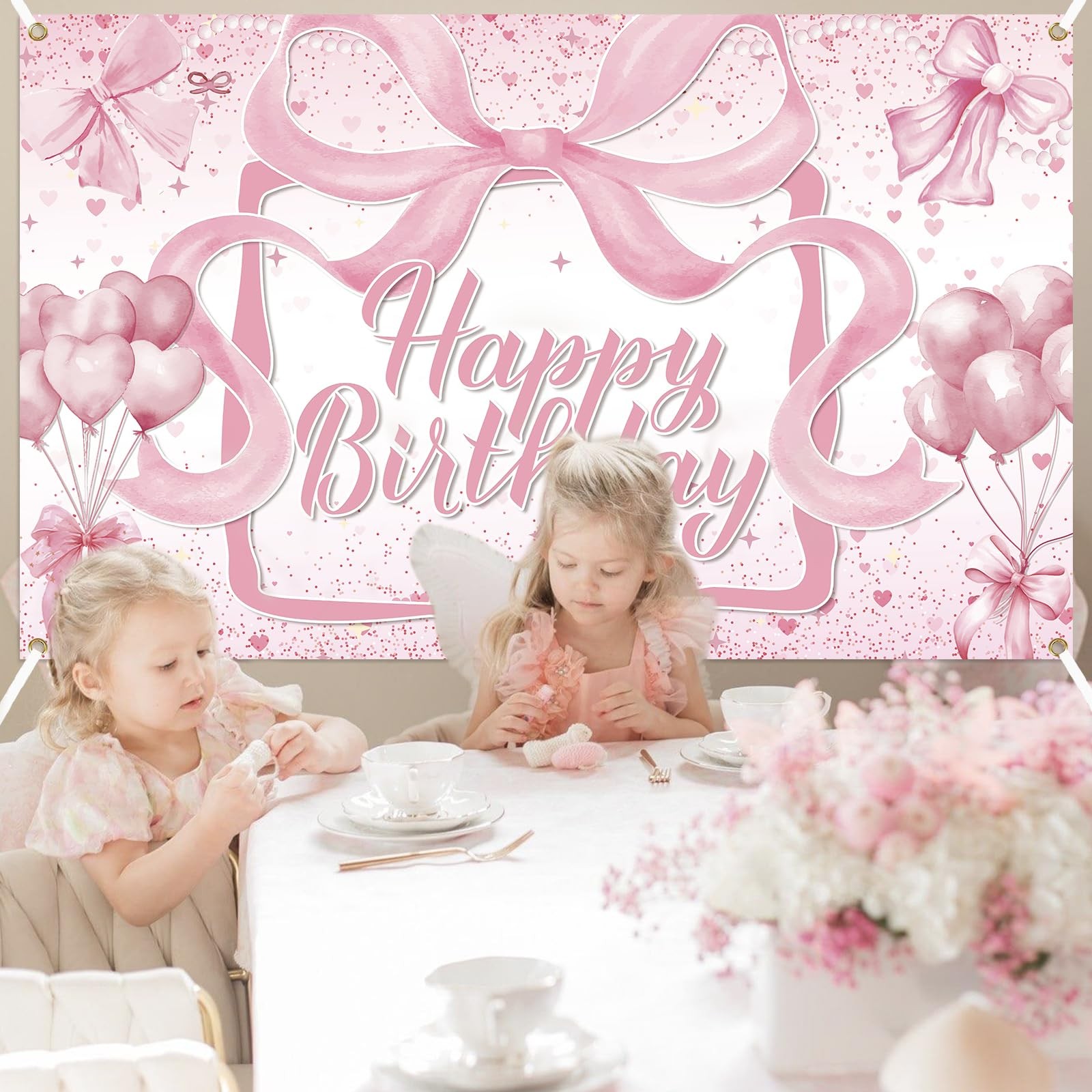 Pink Bow Coquette Happy Birthday Party Decoration Backdrop 6×3.6 Ft Banner