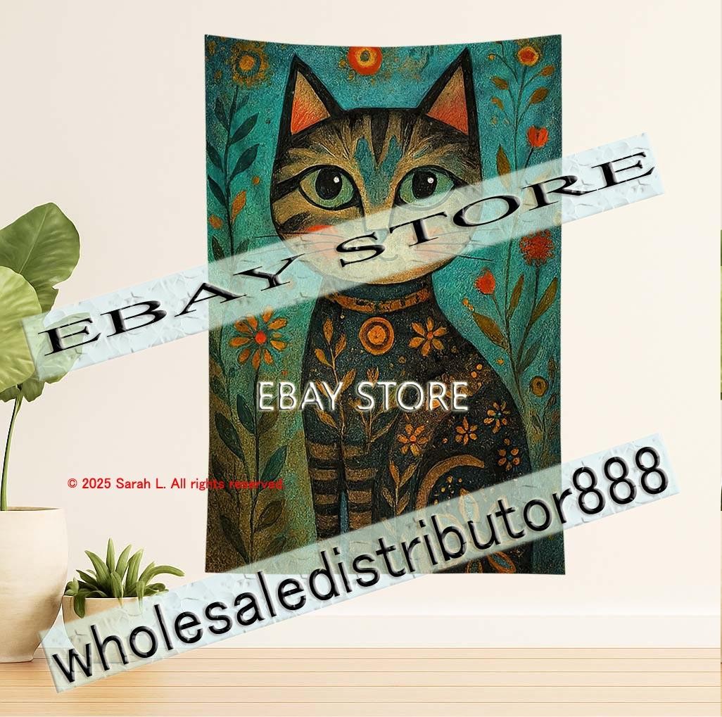 Tapestry Nouveau Cat Portrait Photography background 59X82 in
