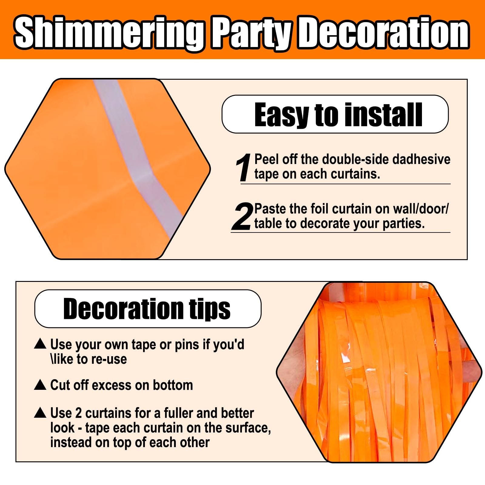 Macaron Orange Metallic Foil Fringe Curtain Backdrop Streamers 3.28×8.2 Ft 6 PK