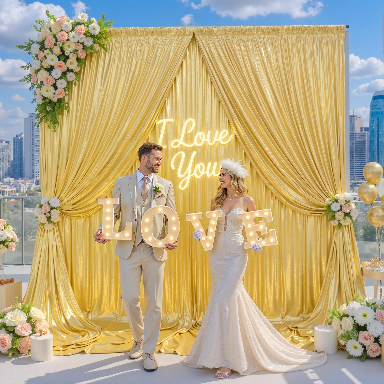 Gold Sequin Backdrop Curtain 40x10ft 5′(W) x 10′(H), 8 panels,