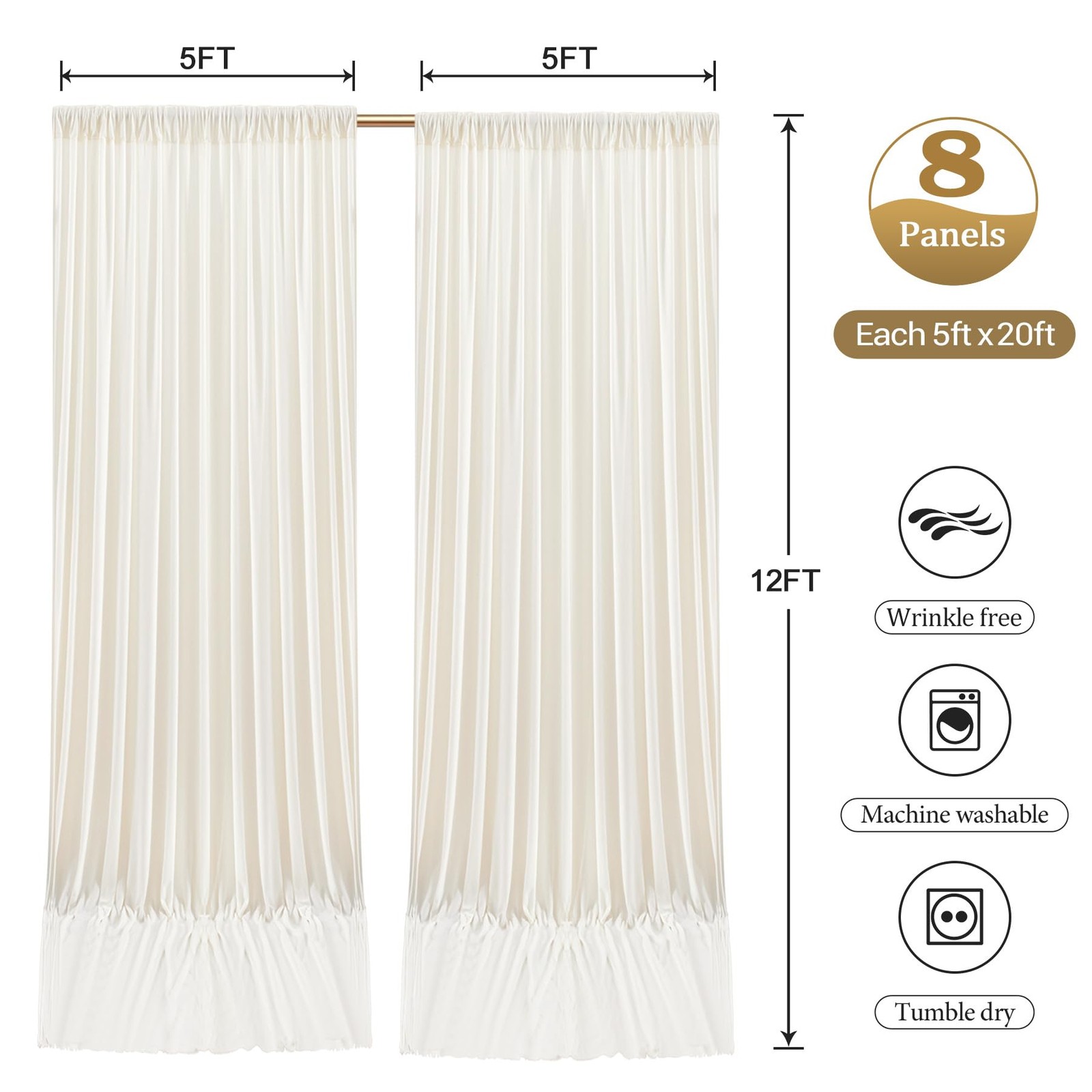 40ftx12ft Wrinkle Free Ivory Backdrop 5′(W) x 12′(H), 8 panels,