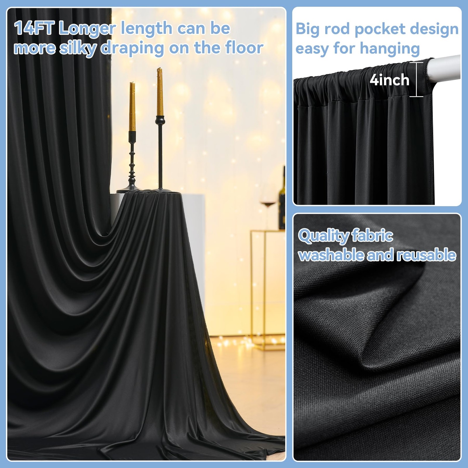 2 Panels 10×14 ft Black Backdrop Curtains for Wedding Wrinkle Free Drapes