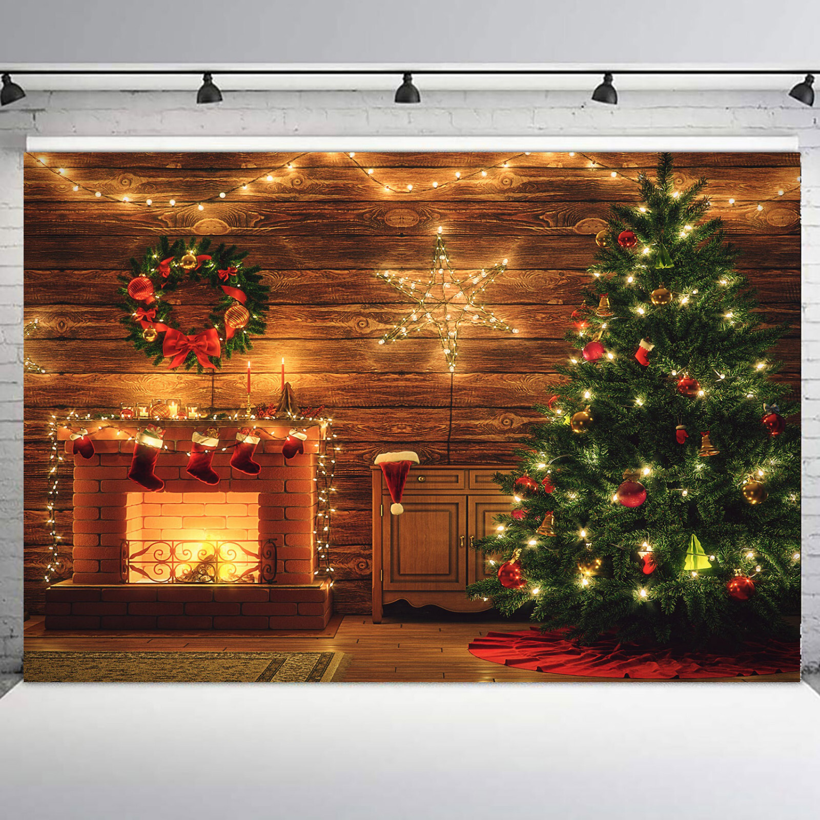 Winter Snowflakes Fireplace Green Christmas Tree Vinyl Backdrop Photo Background