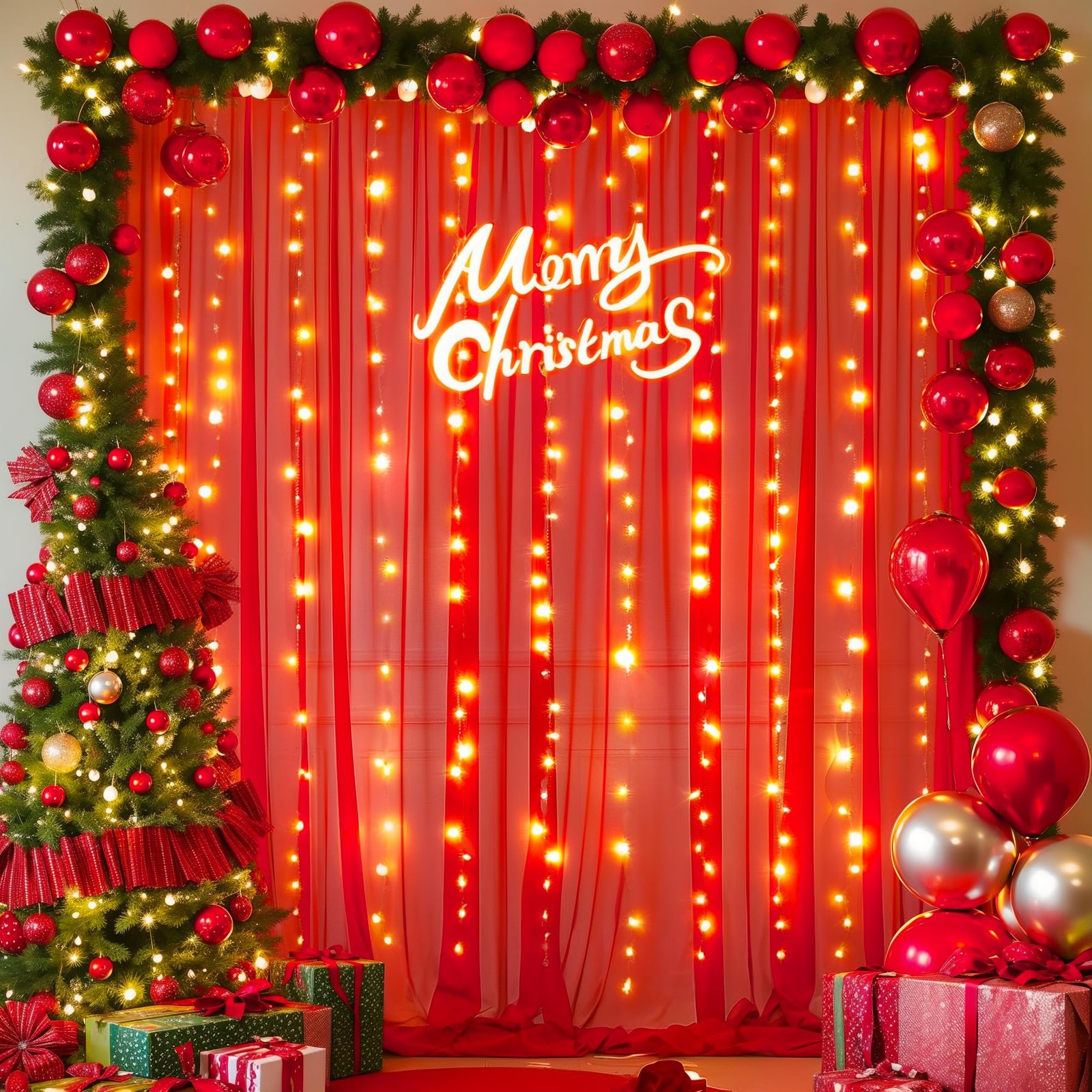 10×10 FT Red Tulle Backdrop Curtain with Lights String Wedding Party