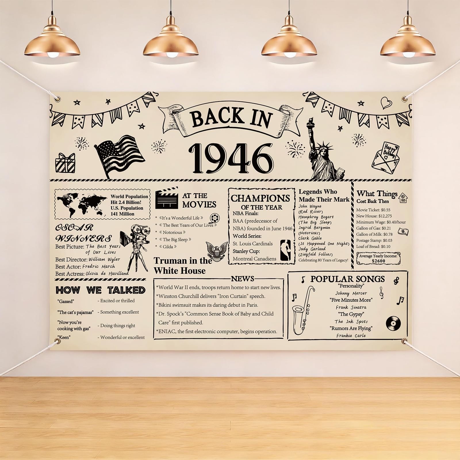 80th Banner, 1946 Decorations Vintage Backdrop – Happy 80th Decorations for M…