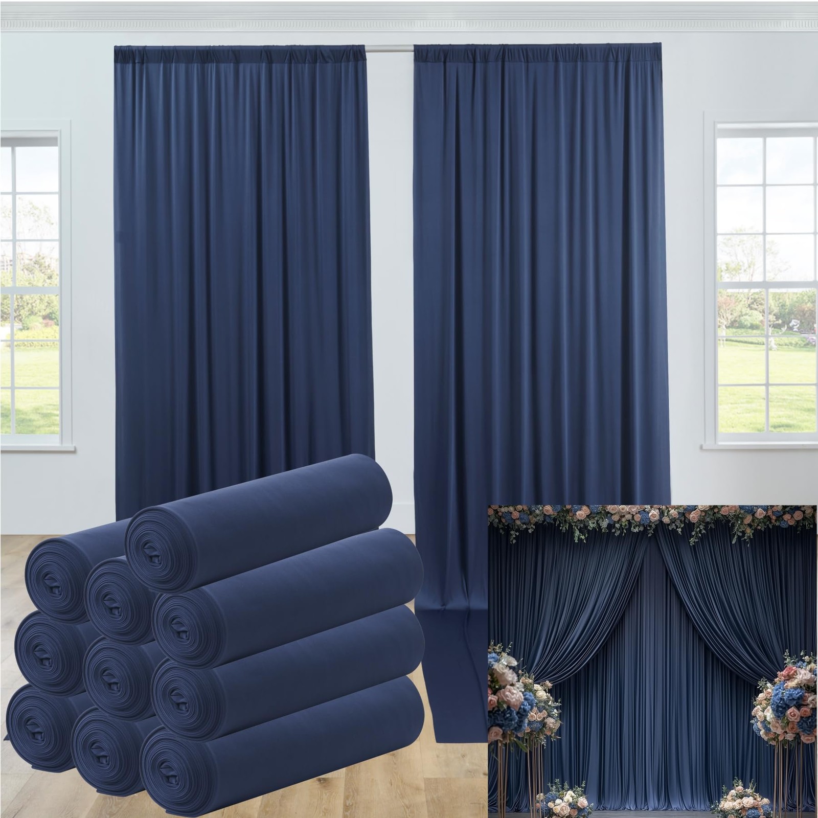 50ftx12ft Navy Blue Backdrop Curtains for W5′ x H12′(10 panels), navy blue