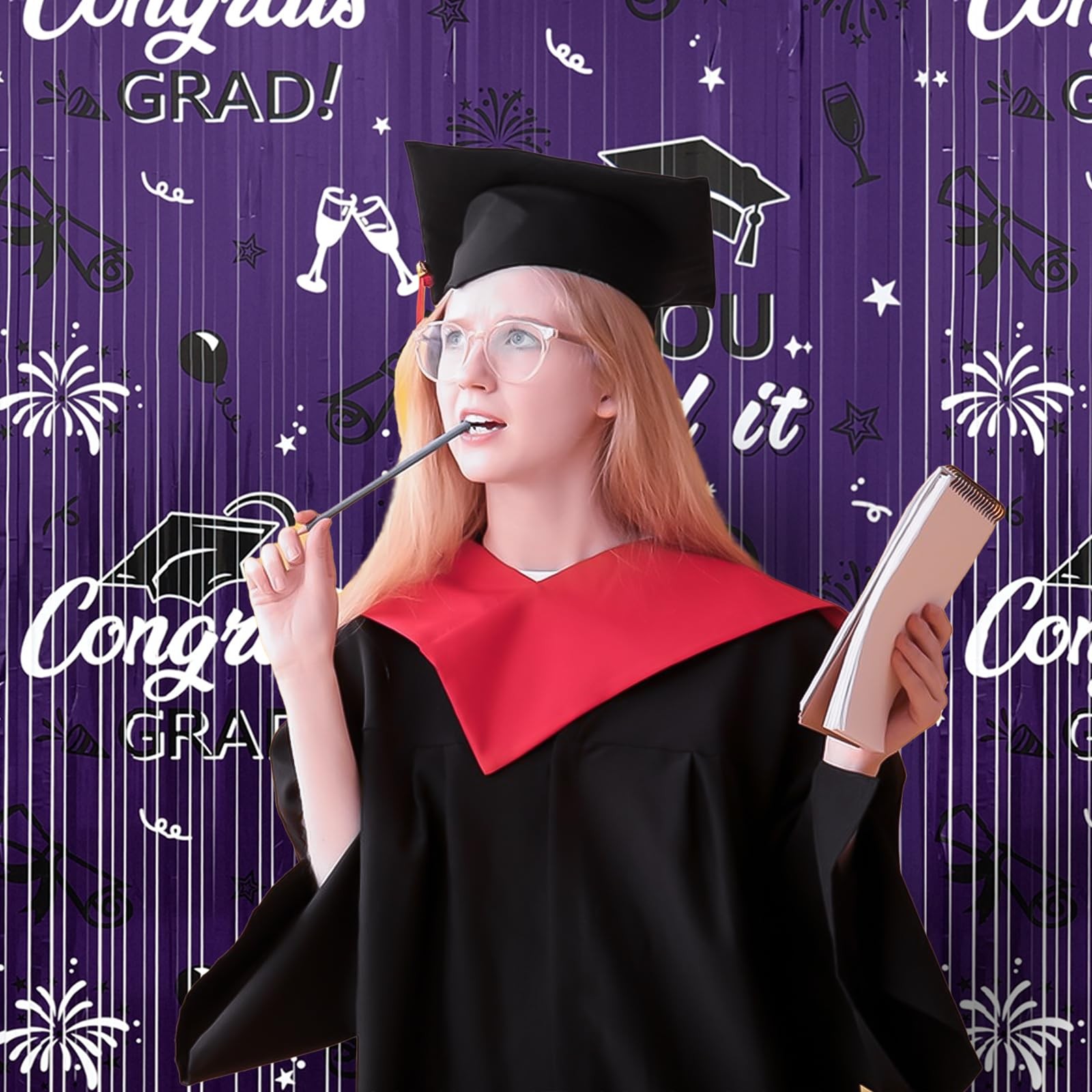 2025 Graduation Foil Fringe Curtains, 2 Pack 3.2×6.5 ft Black Graduation Purple