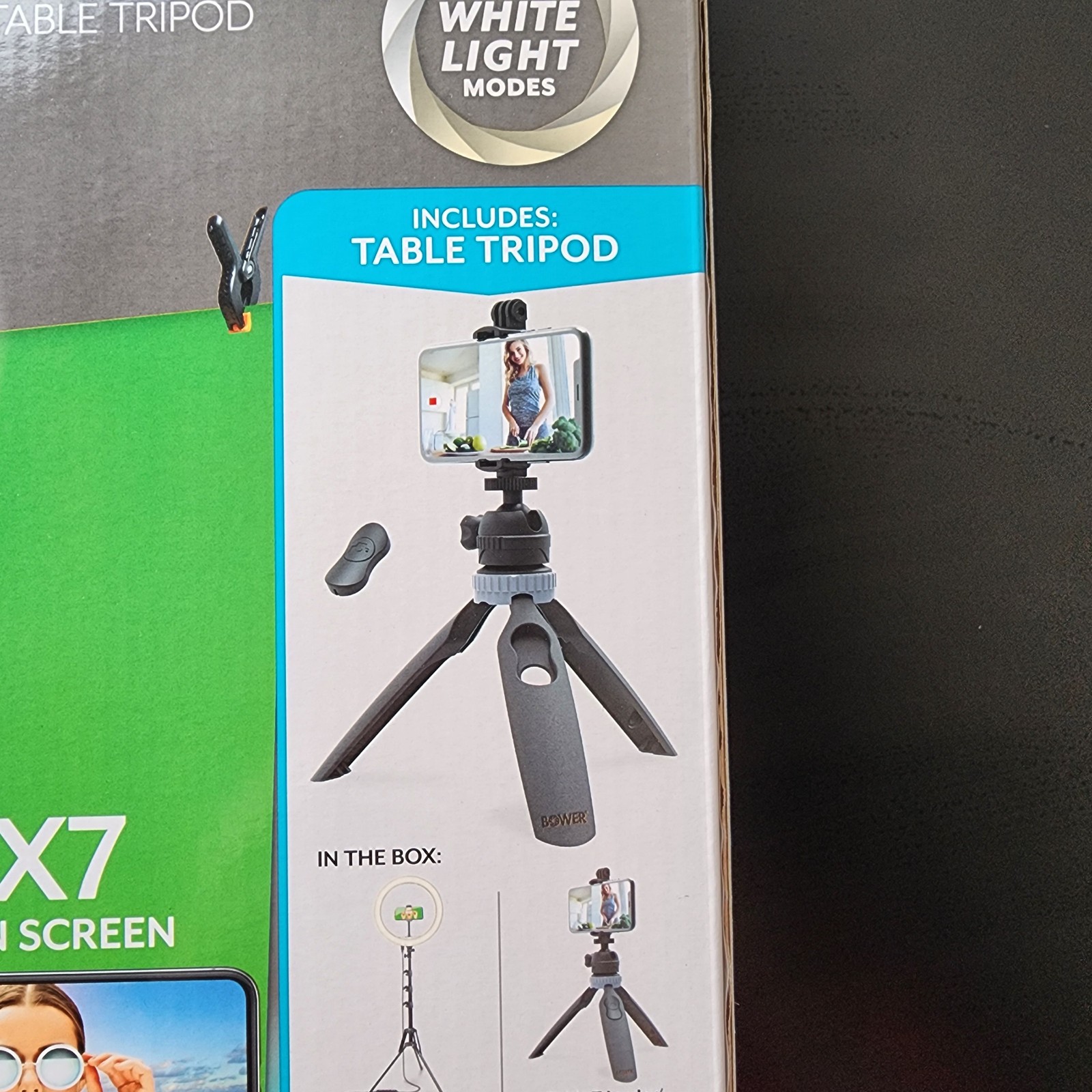 Set of Bower Content Creator Items: Table Tripod, 5 x 7 Green Screen, & 4 clamps