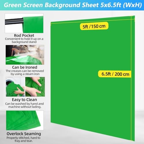 JEBUTU Green Screen Backdrop Kit with Stand, 5X6.5ft 5 x 6.5 Ft,