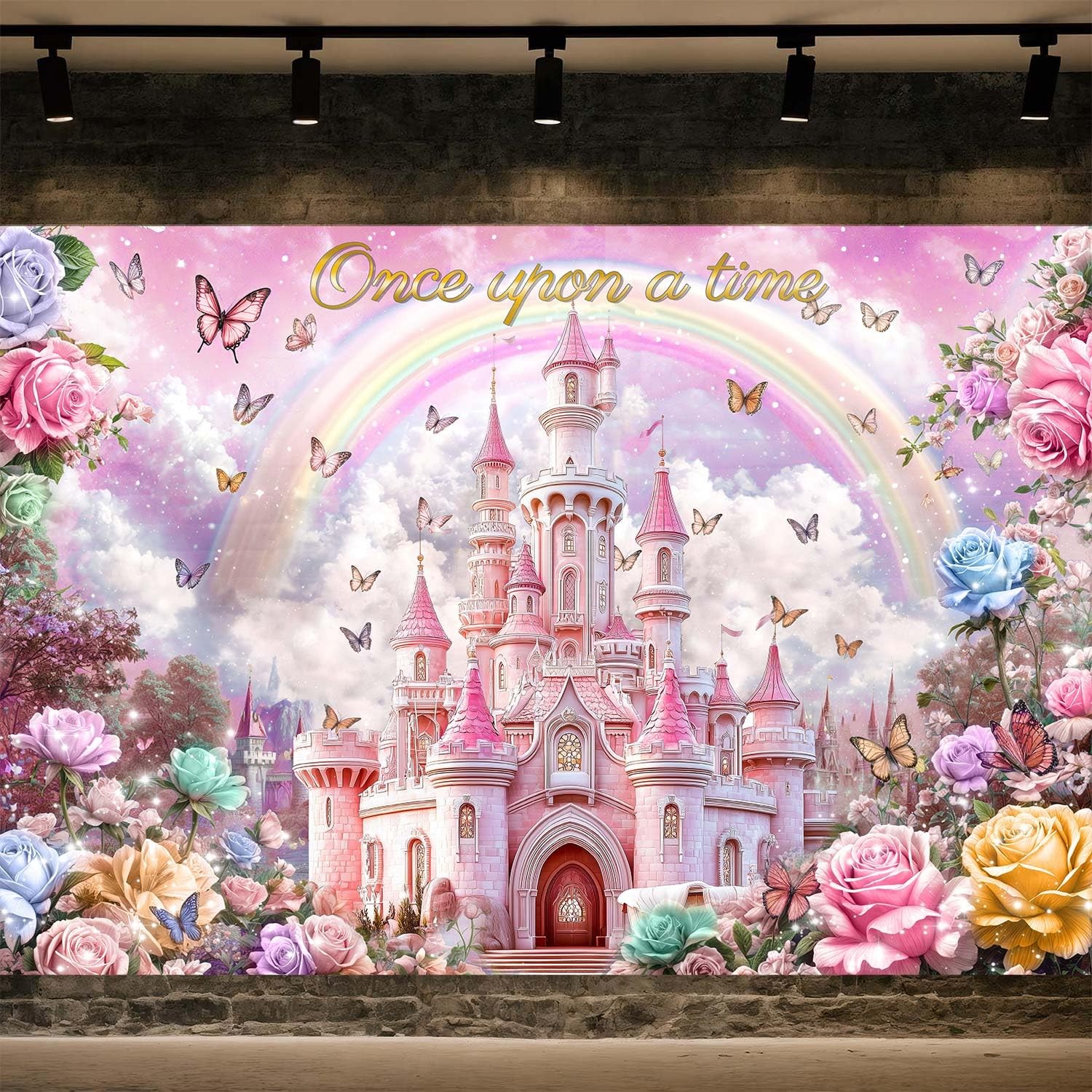 10X8ft Princess Happy Birthday Backdrop for Girls Kids Pink Castle Rainbow Bu…