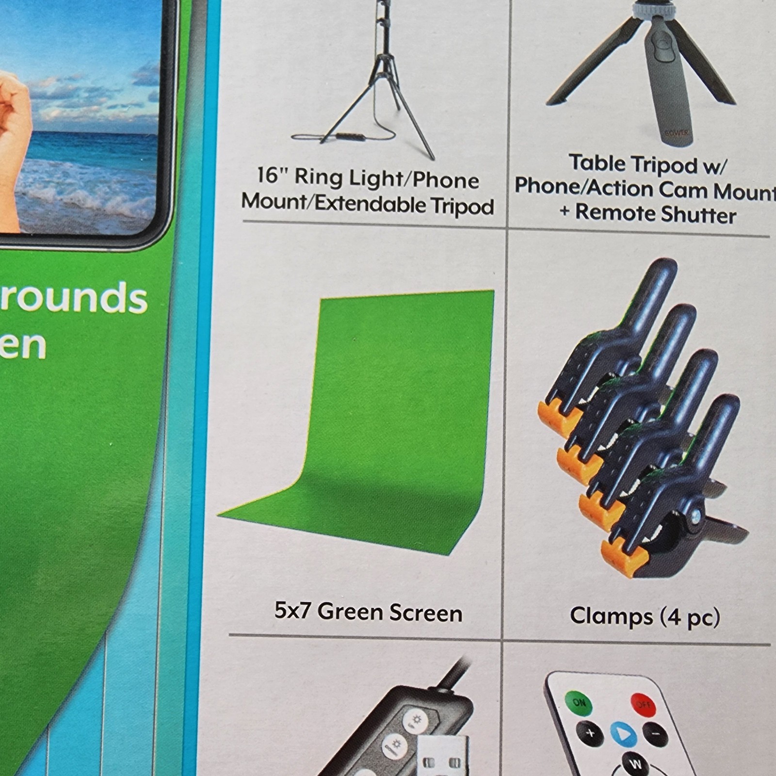 Set of Bower Content Creator Items: Table Tripod, 5 x 7 Green Screen, & 4 clamps