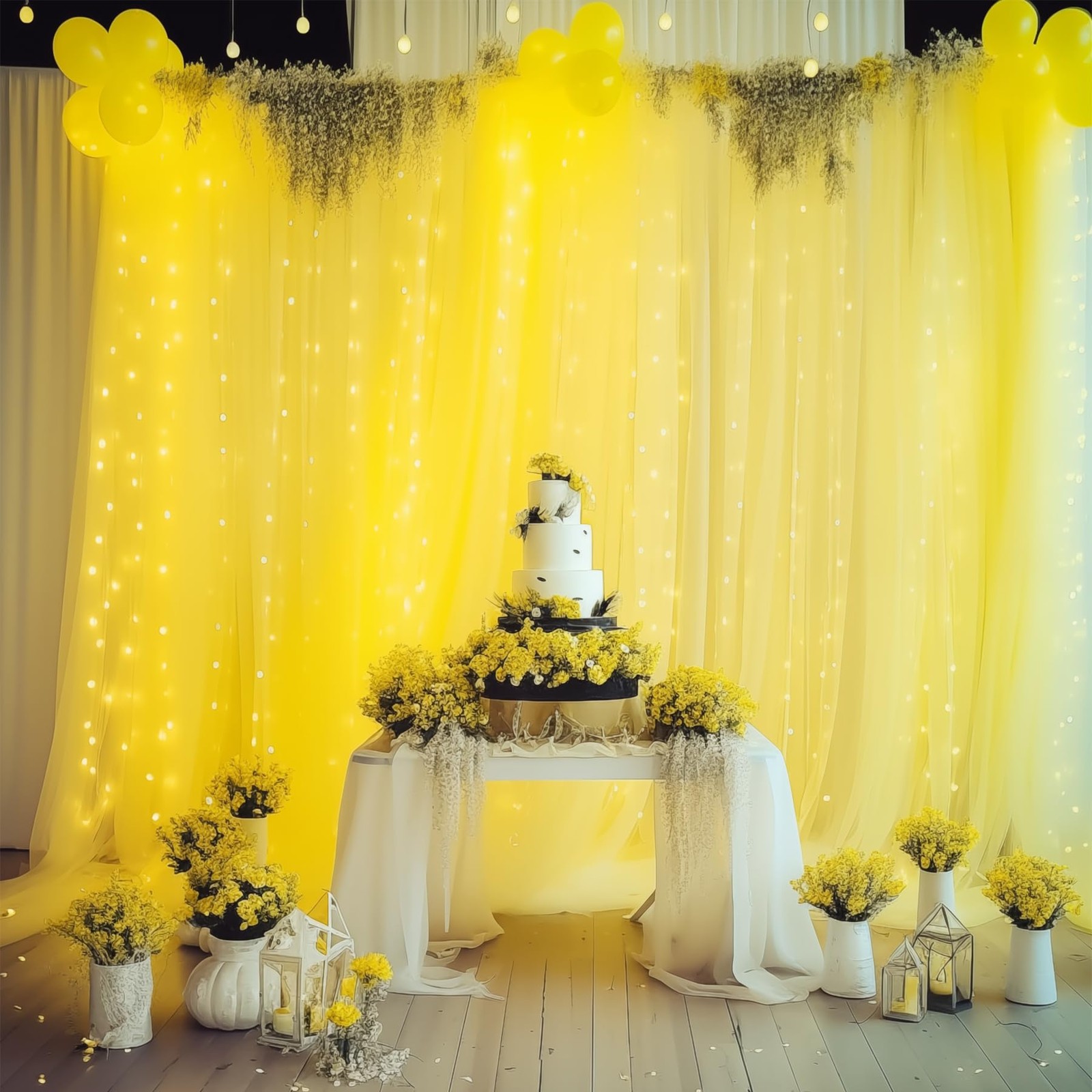10×10ft Yellow Tulle Backdrop Curtain with Lights String for Parties Sheer Cu…