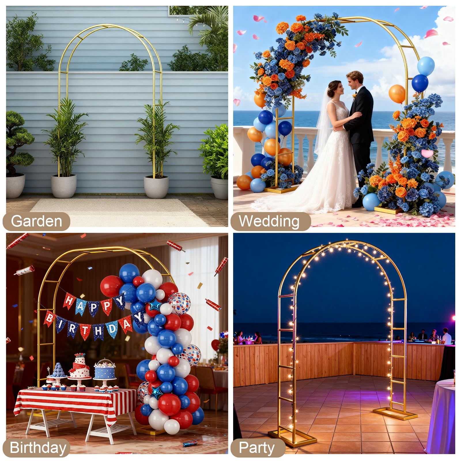 7.2FT Metal Wedding Arch Stand Gold Square Arched Backdrop Frame Metal Pergol…