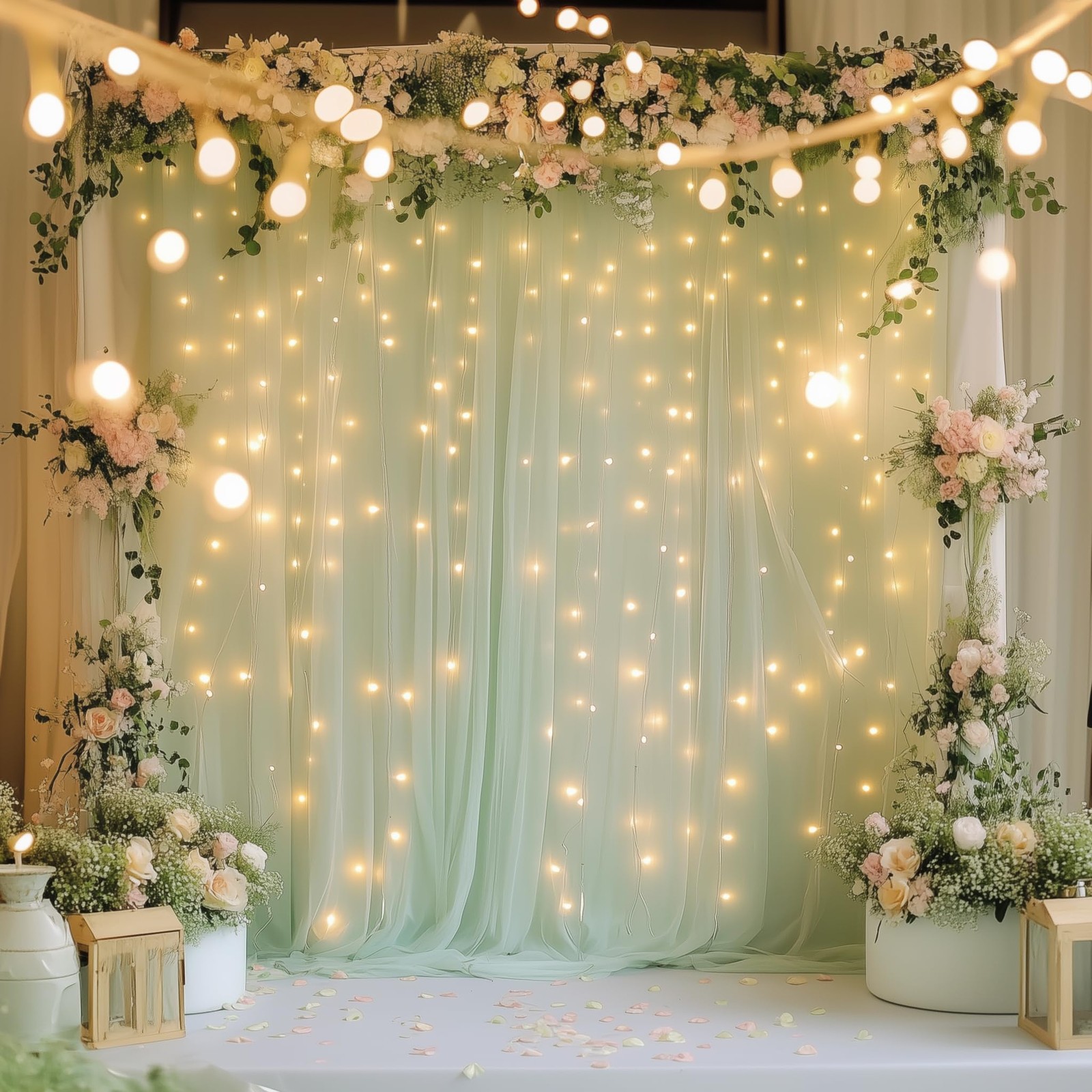 Sage Green Tulle Backdrop Curtains with Lights String 10FT X 8FT Sheer Curtai…