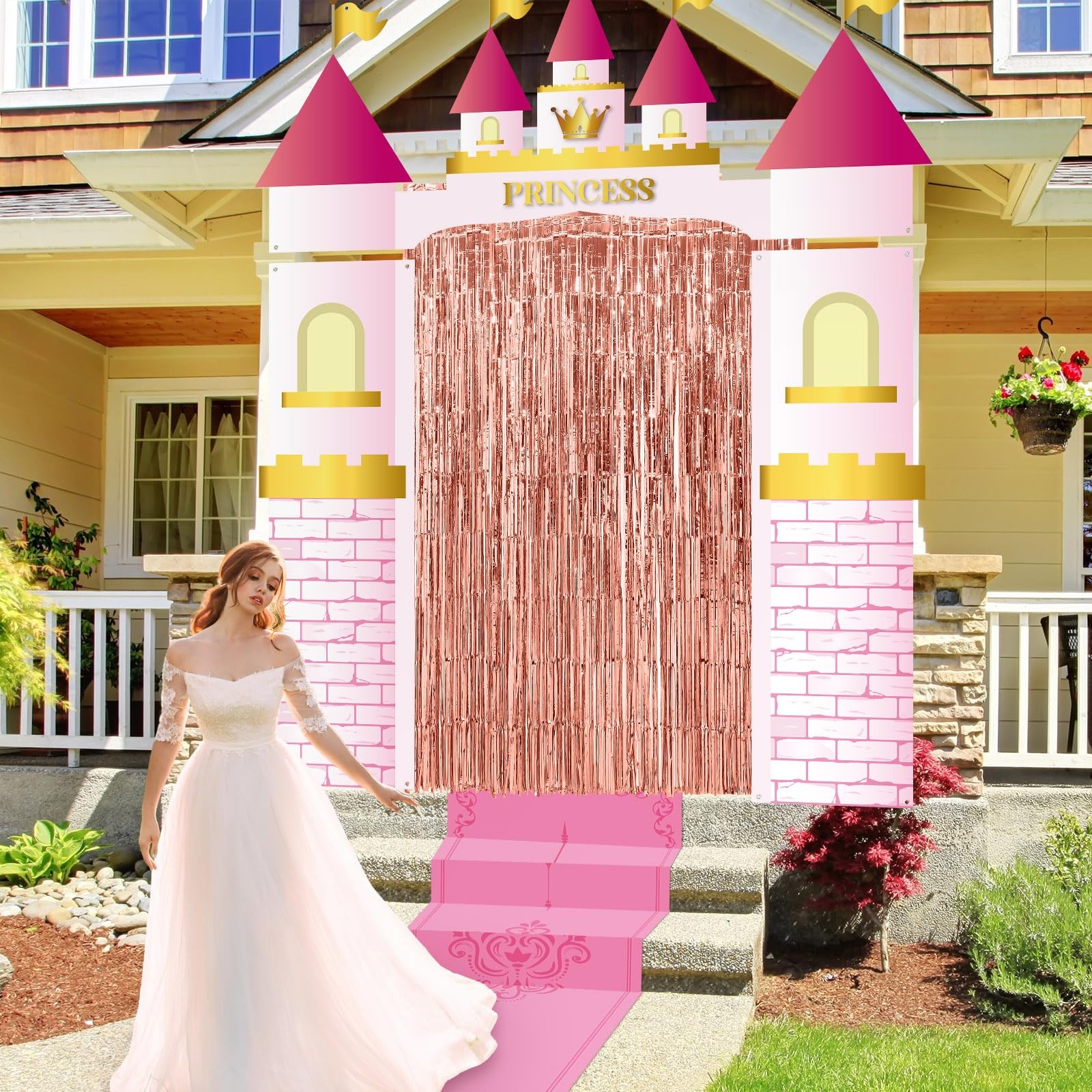 7pcs Princess Party Decorations Castle Porch Banners Pink Rug Rose Foil Fring…