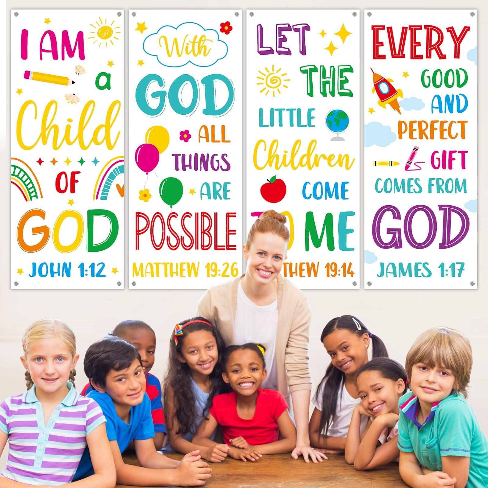 4PCS Church Banners with Scripture Religious Bible Verse Backdrops for Kids C…