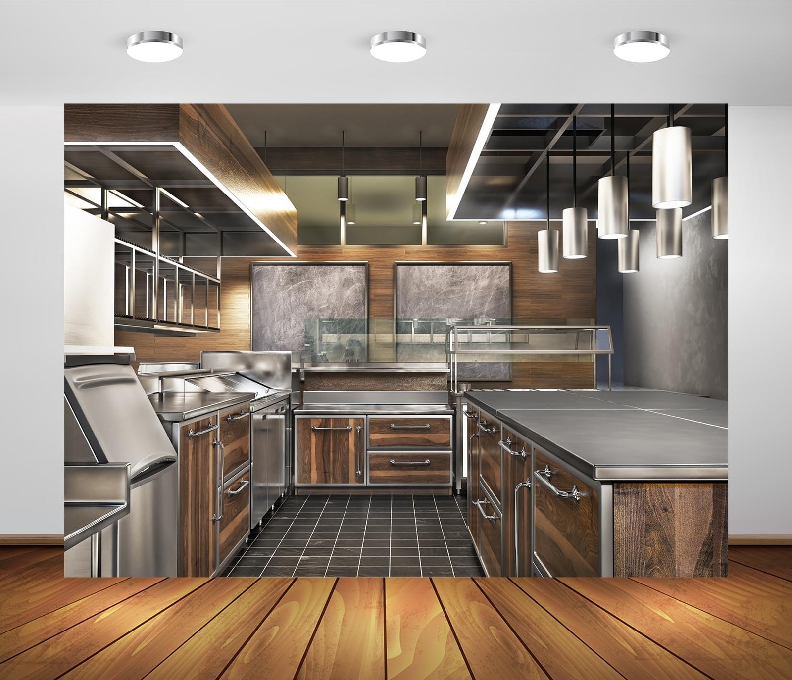 7x5ft Fabric Modern Kitchen Backdrop Restaurant Kitchen Interior Stainless Ov…