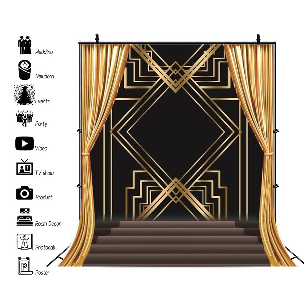 8×10 Ft Black Golden Fabric Backdrop Roaring 20s Party Decoration Birthday