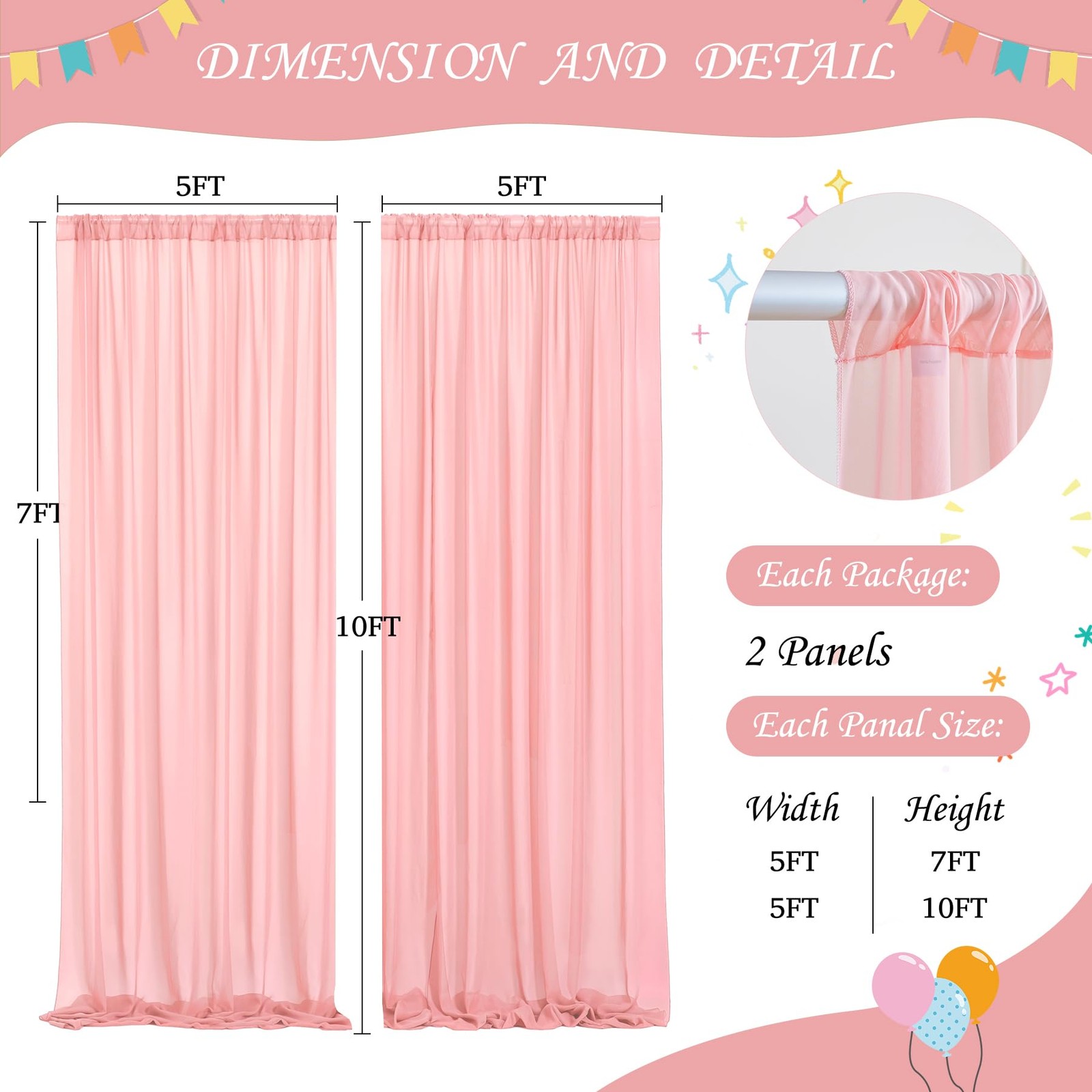 10ft x 10ft Baby Pink Chiffon Backdrop Curtain with Lights String for Parites…