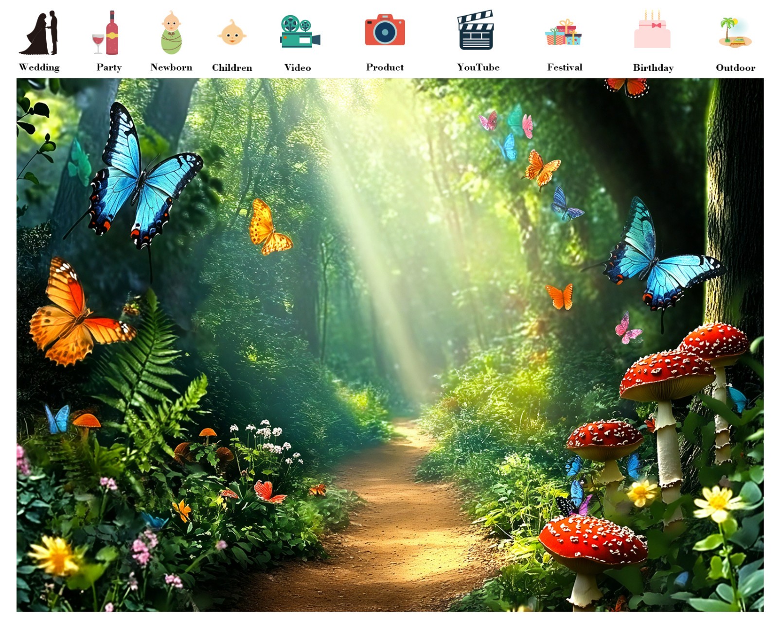10x8ft Spring Butterfly Mushroom Green Forest Vinyl Backdrop Photo Background