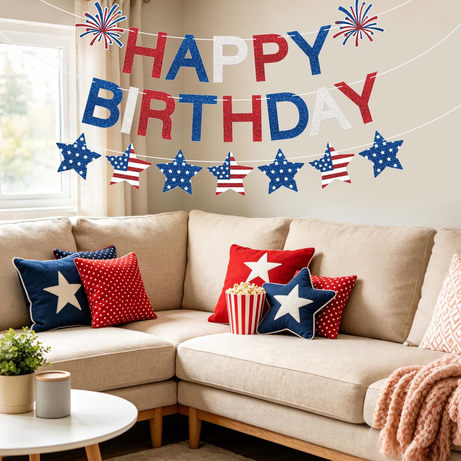 Happy Birthday Banner Patriotic Red White Blue Decorations, Glitter Happy Pat…