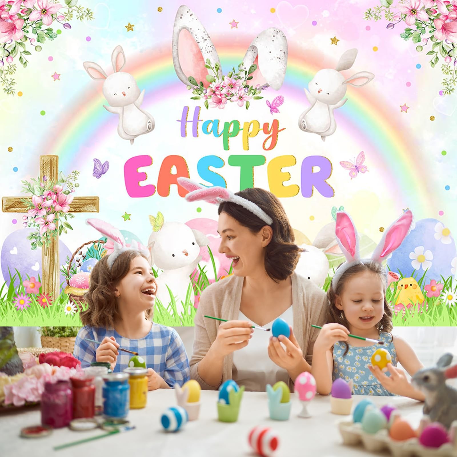 7x5ft Spring Easter Backdrop Banner Spring Rainbow Garden Happy Easter Backgroun