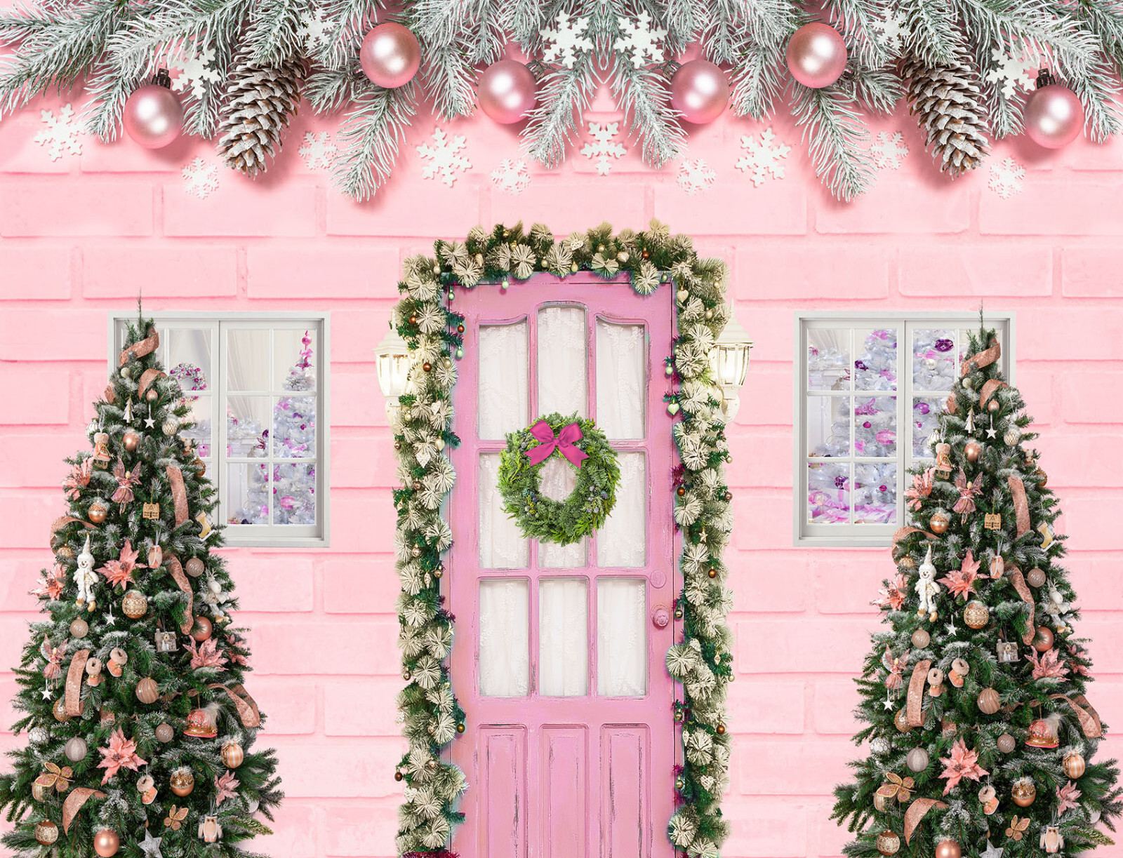 Winter Snowflakes Fireplace Green Christmas Tree Vinyl Backdrop Photo Background