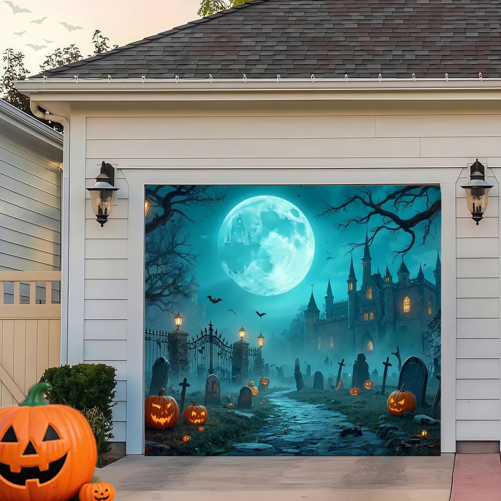 Halloween Garage Door Cover Banner, 8 x 7FT Large Hanging Backdrop Door Cover…