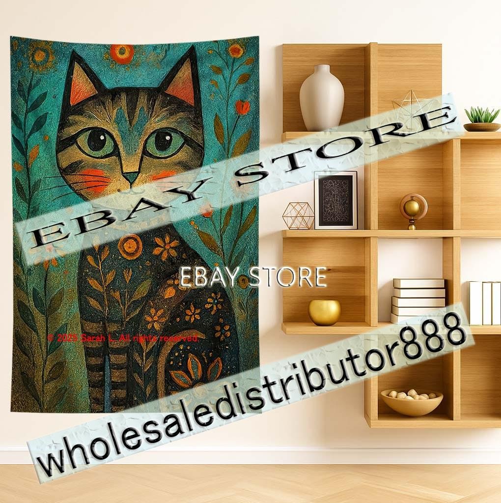 Tapestry Nouveau Cat Portrait Photography background 59X82 in