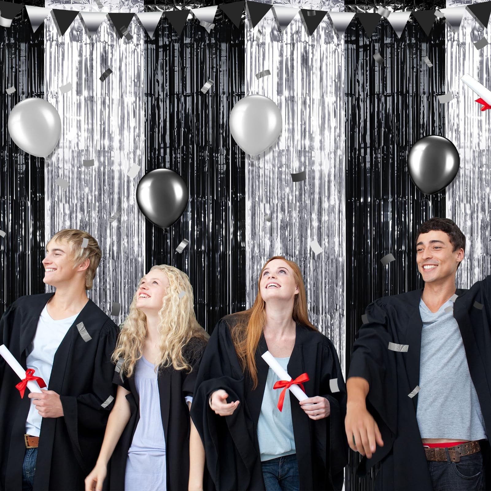 Black Silver Metallic Foil Fringe Tinsel Curtain Backdrop 3.3×6.6 Ft 3 PCS Set
