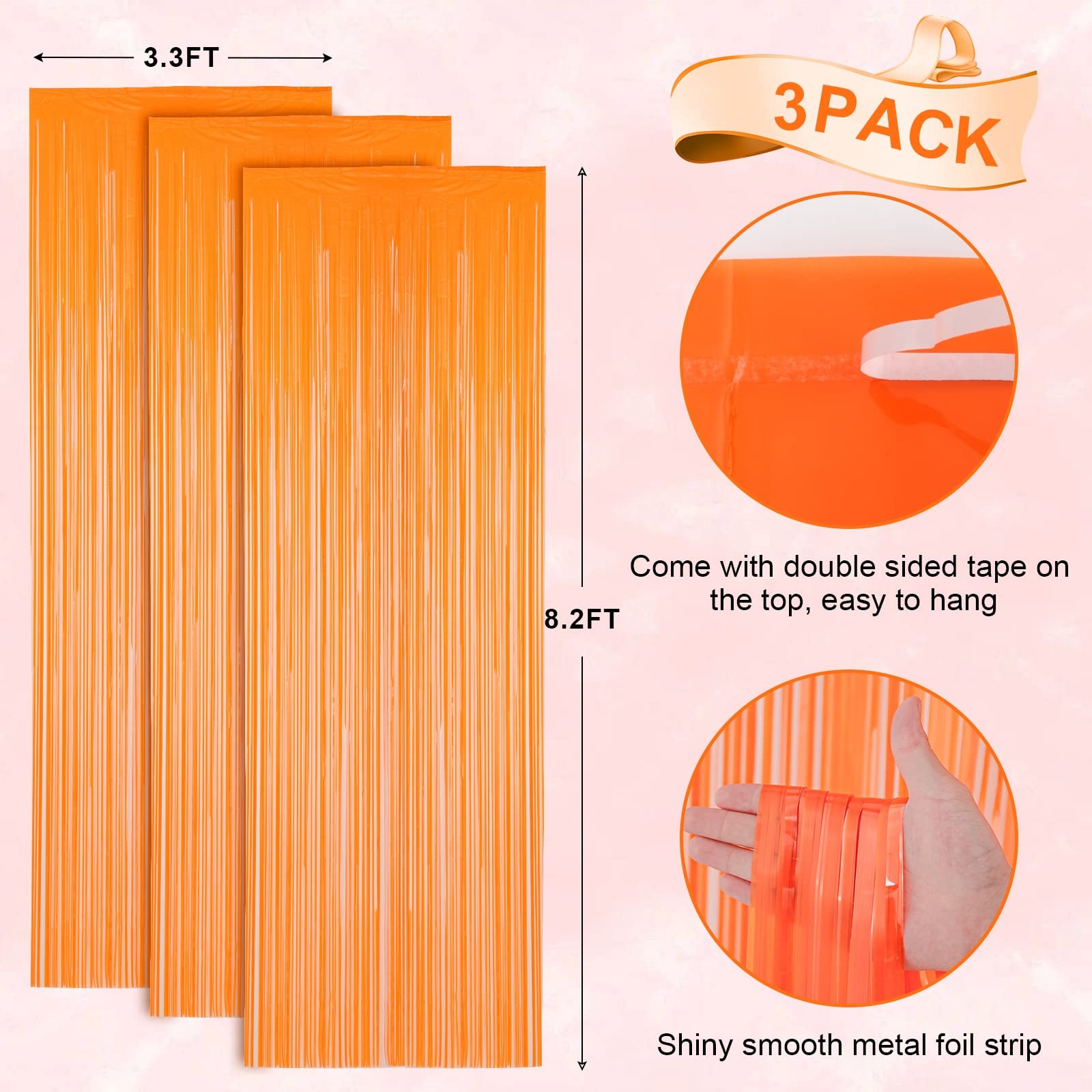 3 PCS Orange Foil Fringe Backdrop Curtains Tinsel Streamers Party 3.3×8.2 FT