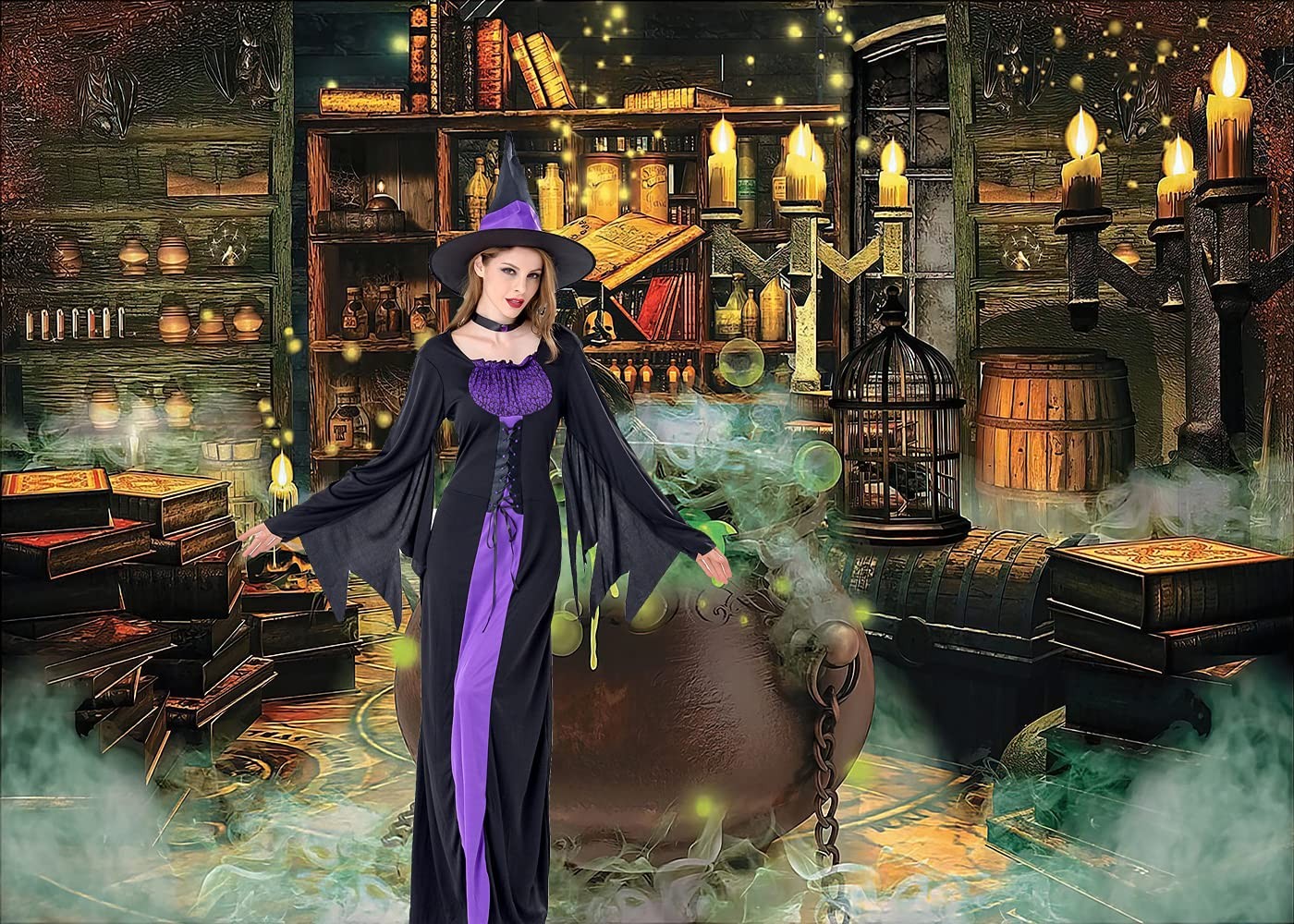 DePhoto Halloween Photo Backdrop Witch Magic Cauldron Bookshelf Spooky 7’X5′