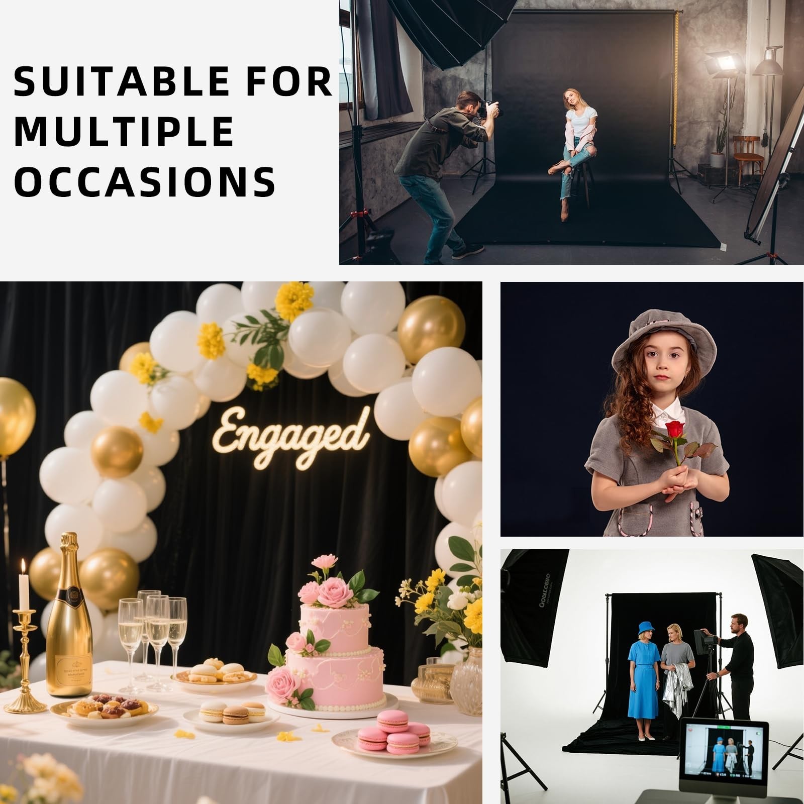 10x7FT Black Photography Backdrop – Studio Curtain for Portraits, Events & Video
