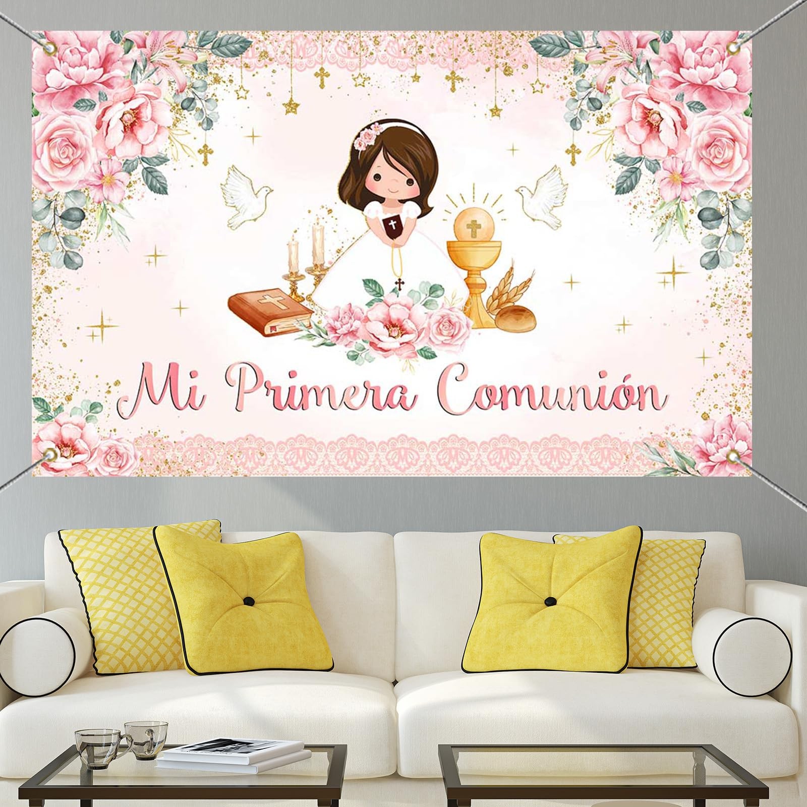 Mi Primera Comunion Banner Baptism Backdrop for Girls Pink Floral God Bless F…