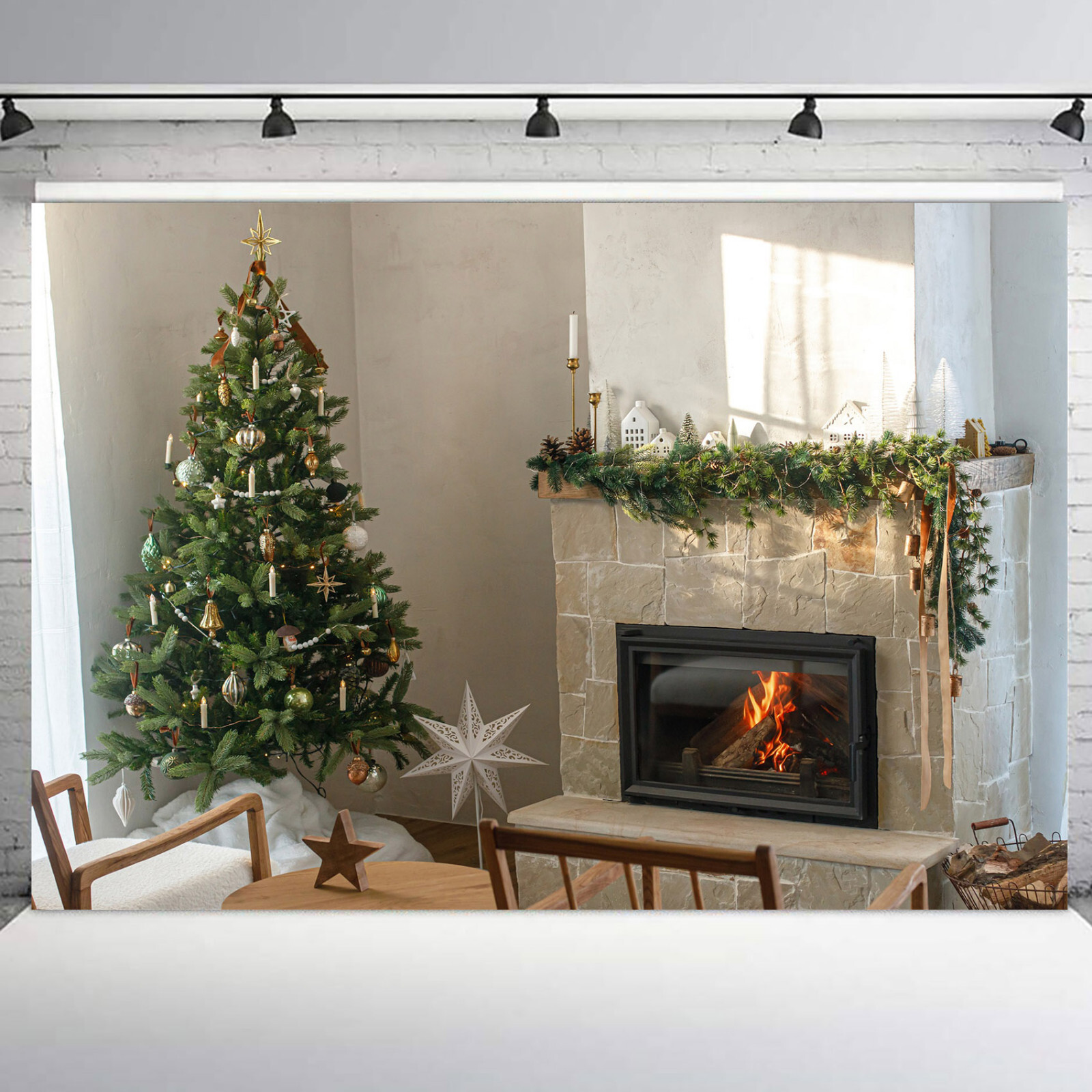 10x8ft Winter Fireplace Green Christmas Tree Vinyl Backdrop Photo Background