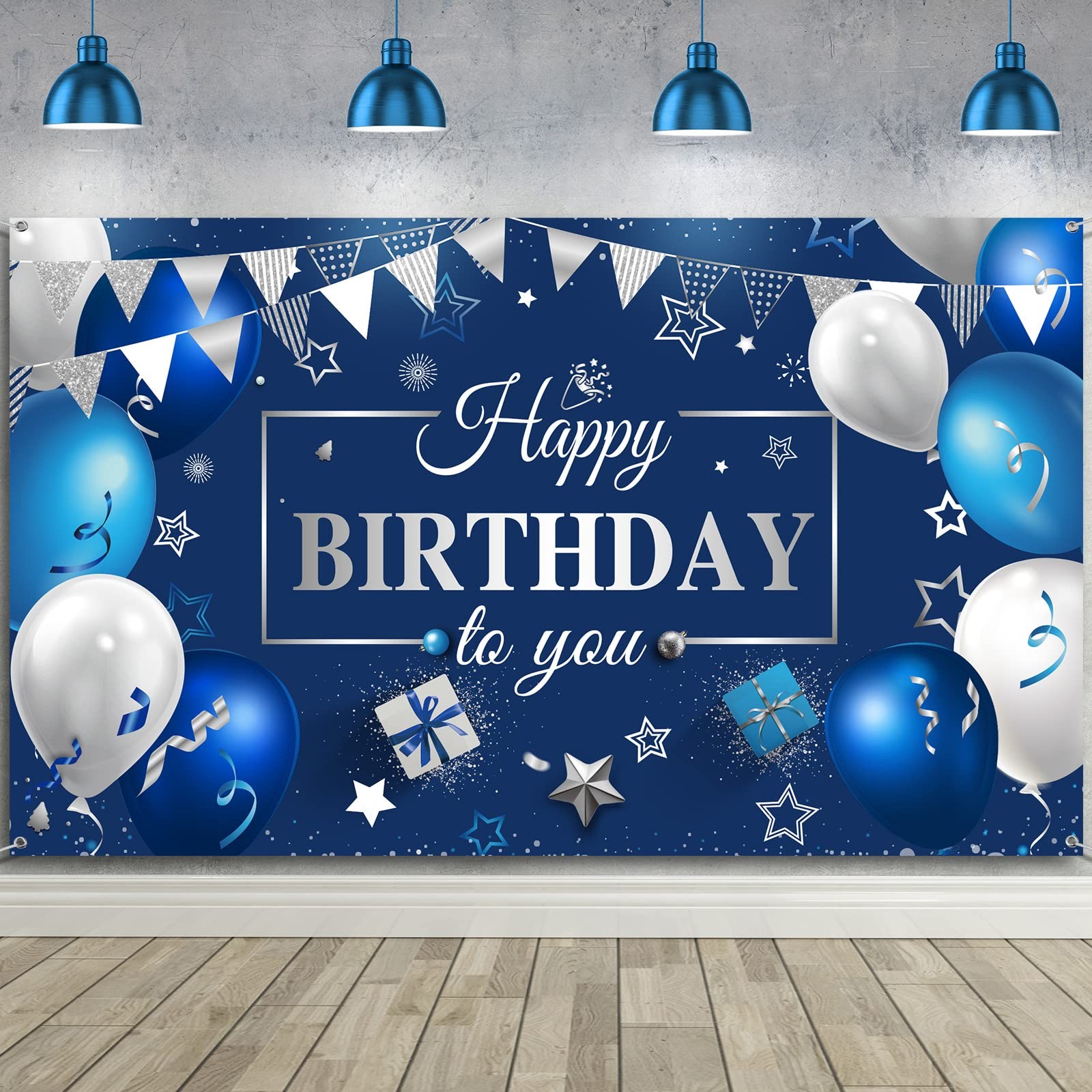 Sumind Happy Birthday Backdrop Banner for Men, Blue 7′ x 4′, Blue,Silver